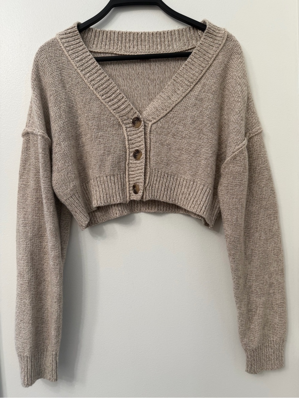 Garage Taupe Cropped V-Neck Button Front Cardigan Long Sleeve Size Small - Picture 2 of 13